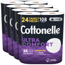 Cottonelle Ultra ComfortCare Soft Toilet Paper, 24 Family Mega Rolls, Bath Tissu