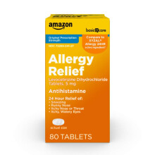 Amazon Basic Care 24 Hour Allergy Relief, Levocetirizine Dihydrochloride Tablets, 5 mg Antihistamine for Sneezing, Runny Nose, Itchy Nose or Throat an