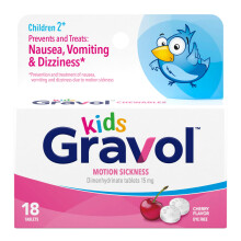 Gravol Kinderen Kauwtabletten voor Buikpijn en Misselijkheid, Behandeling van Reisziekte, 2-12 jaar, Kersensmaak, 18c