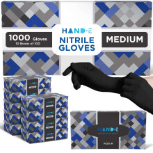 Gants Nitrile Jetables Noirs Hand-E Touch Medium 1000 Compte - Sans Latex, Sans Poudre
