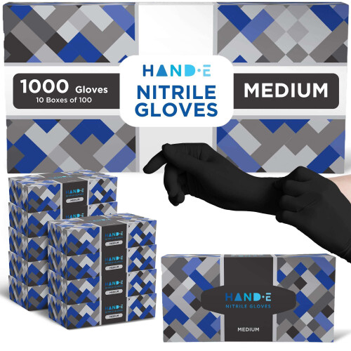 Gants Nitrile Jetables Noirs Hand-E Touch Medium 1000 Compte - Sans Latex, Sans Poudre