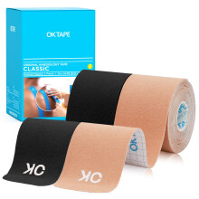 OK TAPE Kinesiology Tape 10 inch Precut, 20 Strips, Katoenen Elastische Tape Latexvrij, 2inch x 16ft, 2 Rollen Beige en Zwart