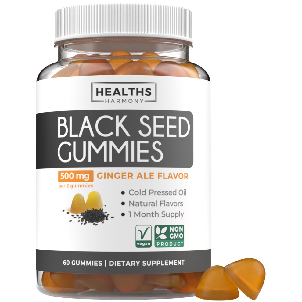 Healths Harmony Black Seed Oil Gummies - Natural Ginger Ale Flavor (Non-Gmo & Vegan) Cold-Pressed Nigella Sativa Producing Pure Black Cumin Seed Oil - 500Mg Per 2 Gum
