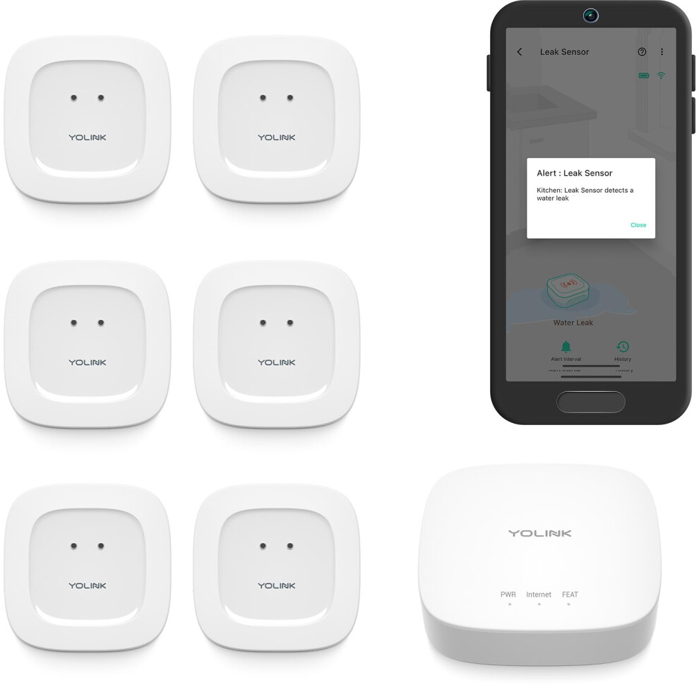 Yolink Smart Home Starter Kit: Hub & Water Leak Sensor 6-Pack, Sms/Text, Email & Push Notifications, Lora Up To 1/4 Mile Open-Air Range, W/Alexa, Iftt 810121542026