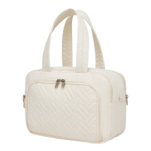 (Beige) Travel Quilted Toiletry Bag - Water-Resistant, Wet/Dry Pocket, Large 180 Opening for Easy Access