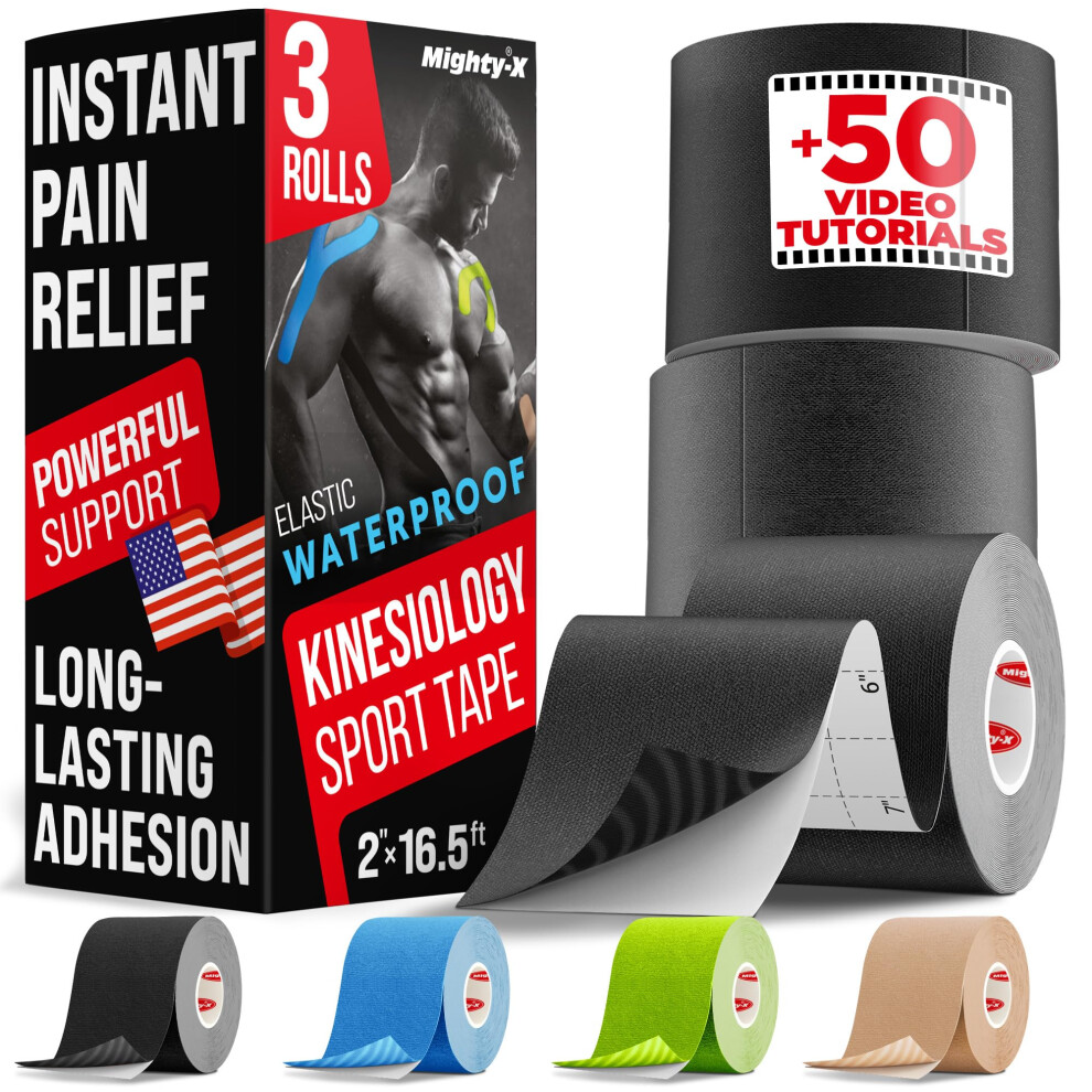Mighty-X Waterproof Kinesiology Tape - [3 Rolls] - Kinetic Tape - Joints Support & Muscle Pain Relief - 16.4 Ft Uncut Knee Tape + 50 Videos - Muscle Tape - Eas