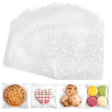 300PCS Zelfklevende Cookie Tassen Duidelijk Plastic Cellofaan voor Snoep Verpakking (Witte Stippen, 4")