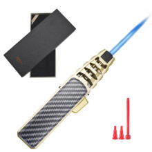 DOUBFIVSY Briquet Torche Jet Réglable avec Boîte Cadeau, Flamme Ajustable pour Cigares BBQ Cuisine (Gaz Butane Non Inclus) (Doré)