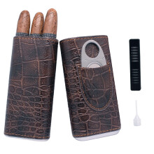 AMANCY 3-Finger Elegant Svart Brunt Krokodilmönstrat Läder Cigarfodral Med Liten Fuktare och Klippare