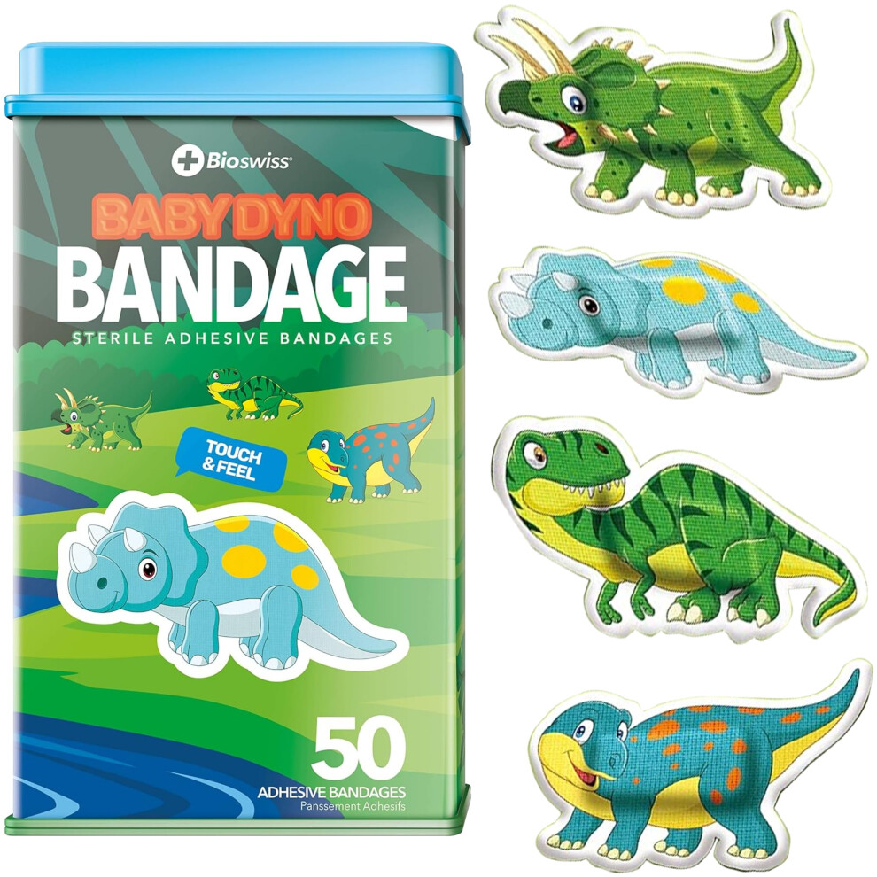 Bioswiss Bandages, Baby Dino Shaped Self Adhesive Bandage, Latex Free Sterile Wound Care, 50 Count