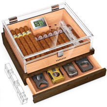 VALLUME Cigar Humidor, Acryl Humidor met Houten Lade, Compacte Desktop Humidor, Met Gel-gestuurde Cigar Humidifier