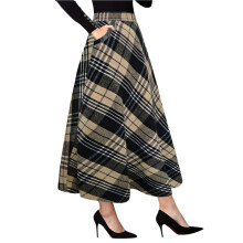Women High Elastic Waist Maxi Skirt A- Plaid Flare Long Skirt Khaki S
