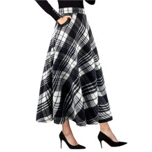 Women High Elastic Waist Maxi Skirt A- Plaid Flare Long Skirt Black & White S