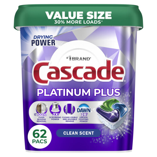 Cascade Platinum Plus Diskmaskin Pods, Diskmedel, Ren Doft, 62 Stycken