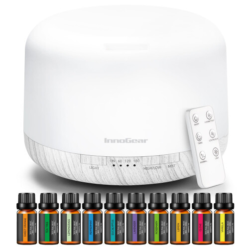 InnoGear Diffusore Aromaterapia & Set di 10 Oli Essenziali, Diffusore da 500ml con Telecomando