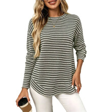 Women'S Striped Waffle Knit Long Sleeve Casual T-Shirt Top Army Green S