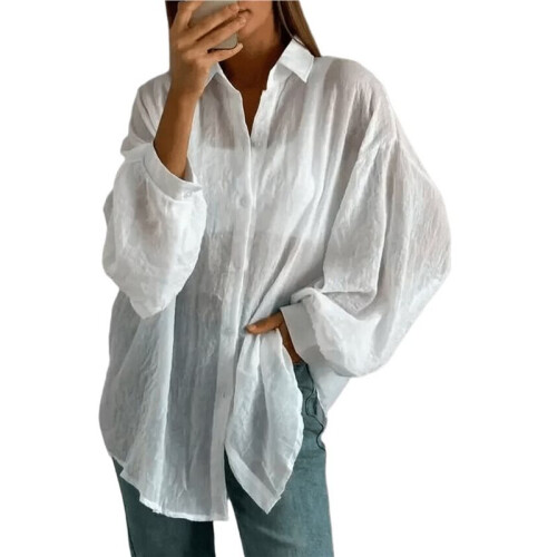 Women'S Solid Collared Long Sleeve Loose Fit Button Down Shirt White S