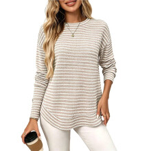 Women'S Striped Waffle Knit Long Sleeve Casual T-Shirt Top Apricot S