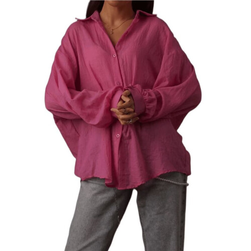 Women'S Solid Collared Long Sleeve Loose Fit Button Down Shirt Plum Color S
