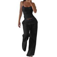 Women'S Ribbed Tank Top & Drawstring Wide Leg Pants Two-Piece Set Black XS