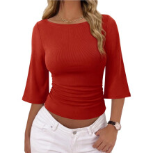 Women'S 3/4 Sleeve Top Ruched Waist Fitted Tops for Women Crop Boat Neck Ribbed Bell Sleeve Flare Red S