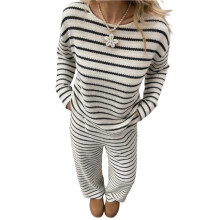 Women'S Striped Crew Neck Long Sleeve Top & Pants Two-Piece Set White S