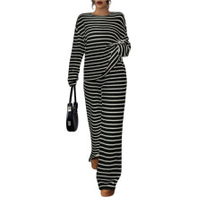 Women'S Striped Crew Neck Long Sleeve Top & Pants Two-Piece Set Black S