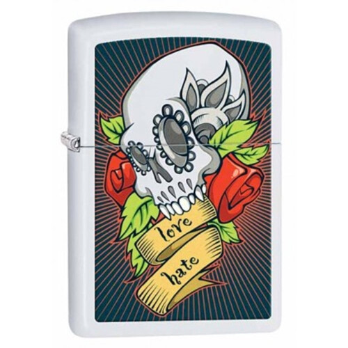 Zippo Briquet Zippo Crâne et Rose, Mat Blanc