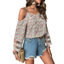 Women'S Summer Cold Shoulder Tops Mesh Panel Spaghetti Strap Loose Fit Shirts Floral Print S