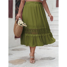 Women High Waist Ruffle Hem Pleated A- Flowy Maxi Skirt Green XL