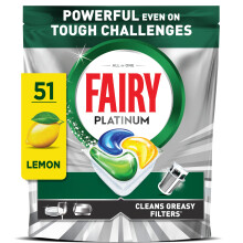 Fairy Platinum Dishwasher Tablets, Lemon, 51 Capsules, Powerful Even On Tough Cleaning Challenges, Clean Dishes, Shiny Machine, Cleans Greasy Filter