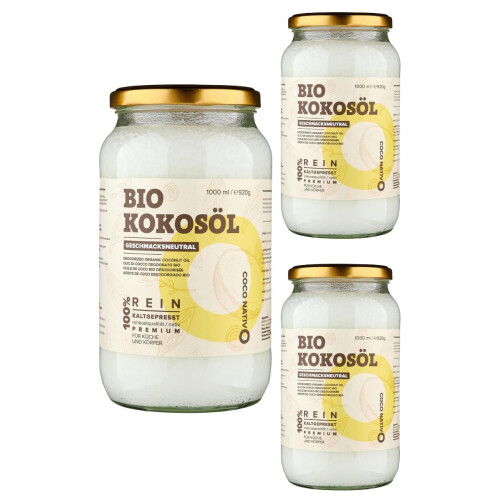 CocoNativo Organic Coconut Oil Unscented 3x1000mL - Deodorized