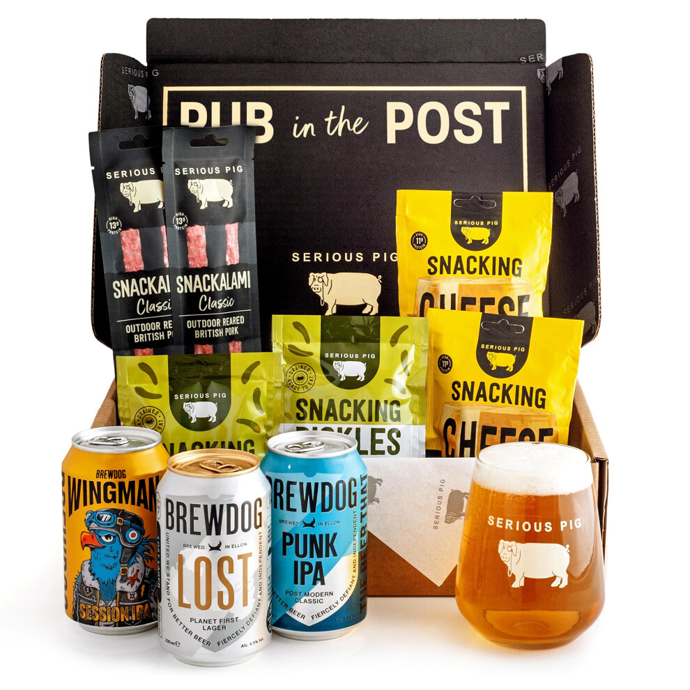 + Brewdog Craft Beer And Snacks Selection Box With Glassware Gift Set (10 Pack) Serious Pig