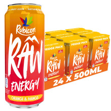 Rubicon RAW 24 Pack Orange & Mango 500ml Energy Drink, 20% Real Fruit