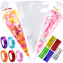 14x26cm Sweet Cone Bags with Twist Ties and Ribbons, 100Pcs
