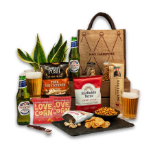 Beer and Pub Snacks Gift Hamper - Jute Bag with Peroni Lager, Pork Scratchings, Crisps & More Pub Snacks – Birthday Gift Box for M