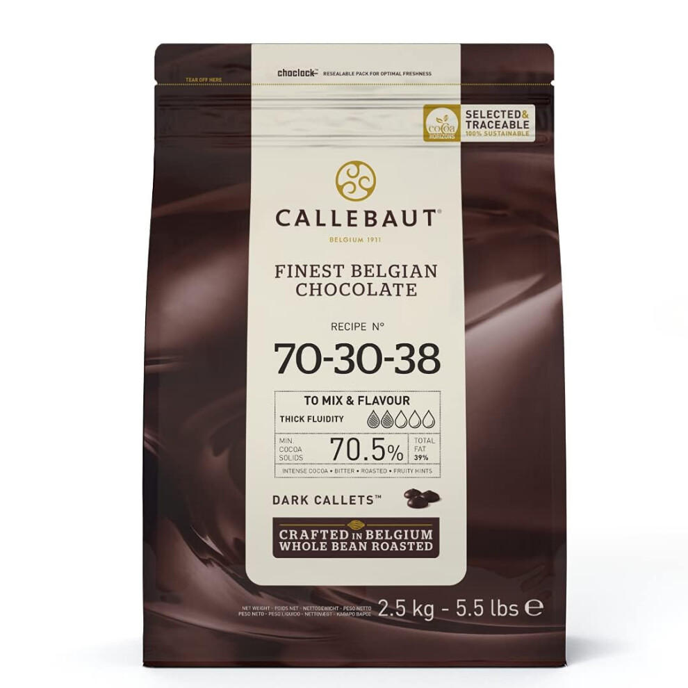 Callebaut 70-30-38 Finest Belgian Dark Chocolate Couverture Callets 70.5% Cocoa 2.5Kg