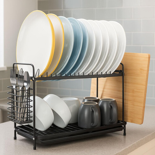 Coselena 2-Tier Black Dish Drainer Rack - Multifunctional Dish Rack