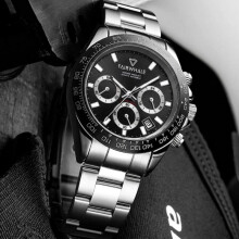 (black) Men's Three-Eye Multi-Function Quartz Watch Waterproof Decorative Steel Band Casual Business