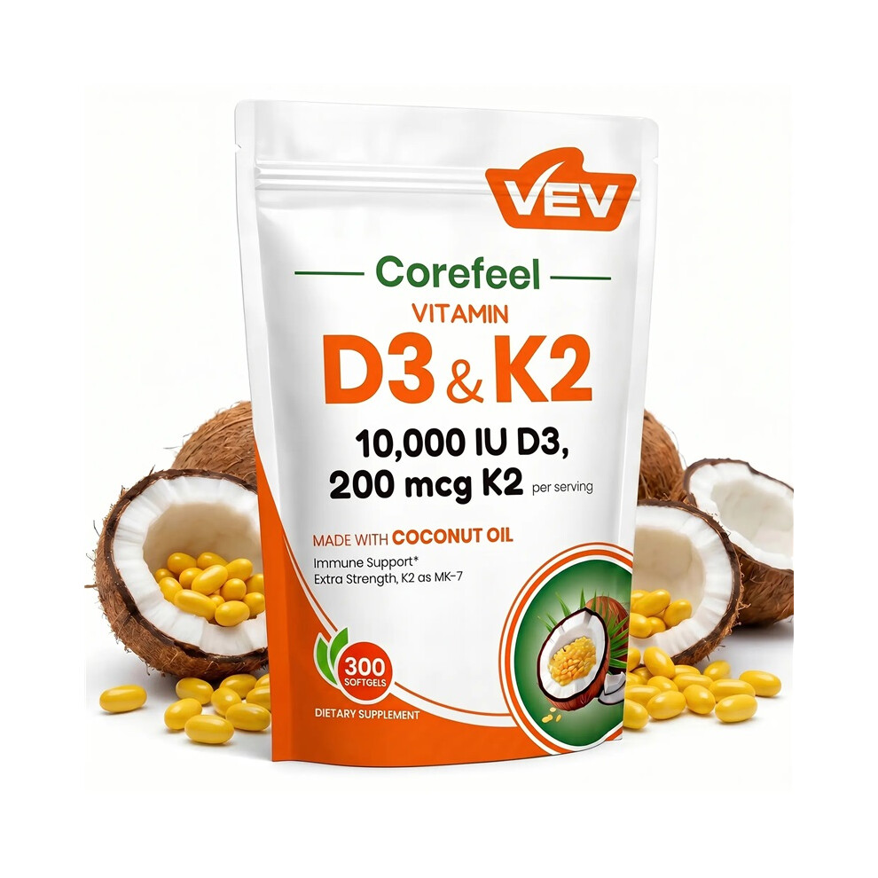 VEV Corefeel Vitamin D3 K2 10000 IU, 300 Virgin Coconut Oil Softgels, 2 in 1 Vitamins Supplement D & K, Dietary Supplemental Pack,