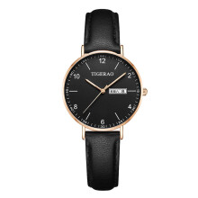 (069 black leather rose shell black face women's watch) Ultra Thin Ladies Quartz Watch Dual Calendar Waterproof Luminous Dial Casual Wristwatch