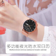 (069 rose net black face women's watch) Ultra Thin Ladies Quartz Watch Dual Calendar Waterproof Luminous Dial Casual Wristwatch