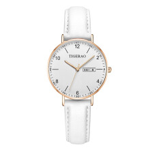 (069 white leather rose shell white face women's watch) Ultra Thin Ladies Quartz Watch Dual Calendar Waterproof Luminous Dial Casual Wristwatch