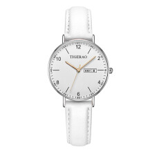 (069 white leather silver case white face women's watch) Ultra Thin Ladies Quartz Watch Dual Calendar Waterproof Luminous Dial Casual Wristwatch