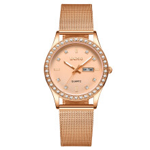 (Rose gold gold surface) Upgraded Mesh Band Ladies Quartz Watch Diamond Inlay Dual Calendar Waterproof Luminous Wristwatch
