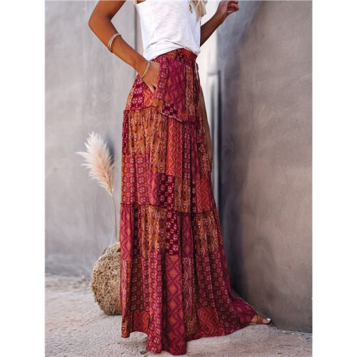 Women'S Boho Printed High Waist Tiered Maxi Skirt Red S 1