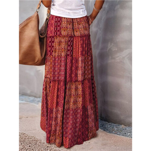 Women'S Boho Printed High Waist Tiered Maxi Skirt Red S 2