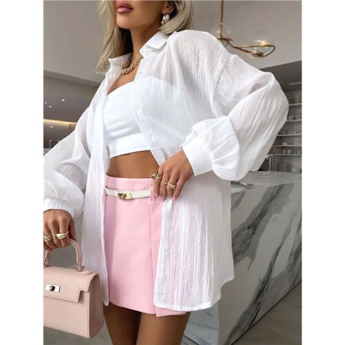 Women'S Solid Collared Long Sleeve Loose Fit Button Down Shirt White S 1