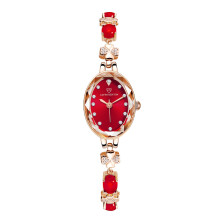 (Ruby red) Light Luxury Niche Women Bracelet Quartz Watch with Emerald Inlay, Waterproof Fashion Wristwatch