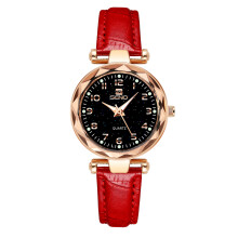 (Starry sky red belt) SENO Popular Starry Dial Ladies Quartz Watch, Fashion Waterproof Leather Strap Wristwatch